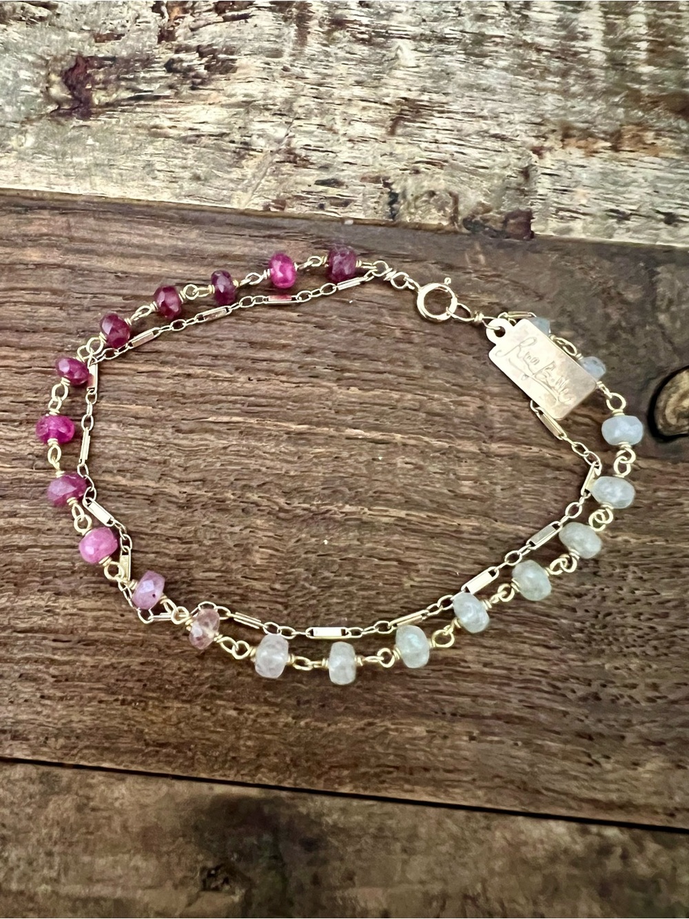 Delicate Pink and Light Blue Beaded Sapphire Gold Double-Chain Bracelet